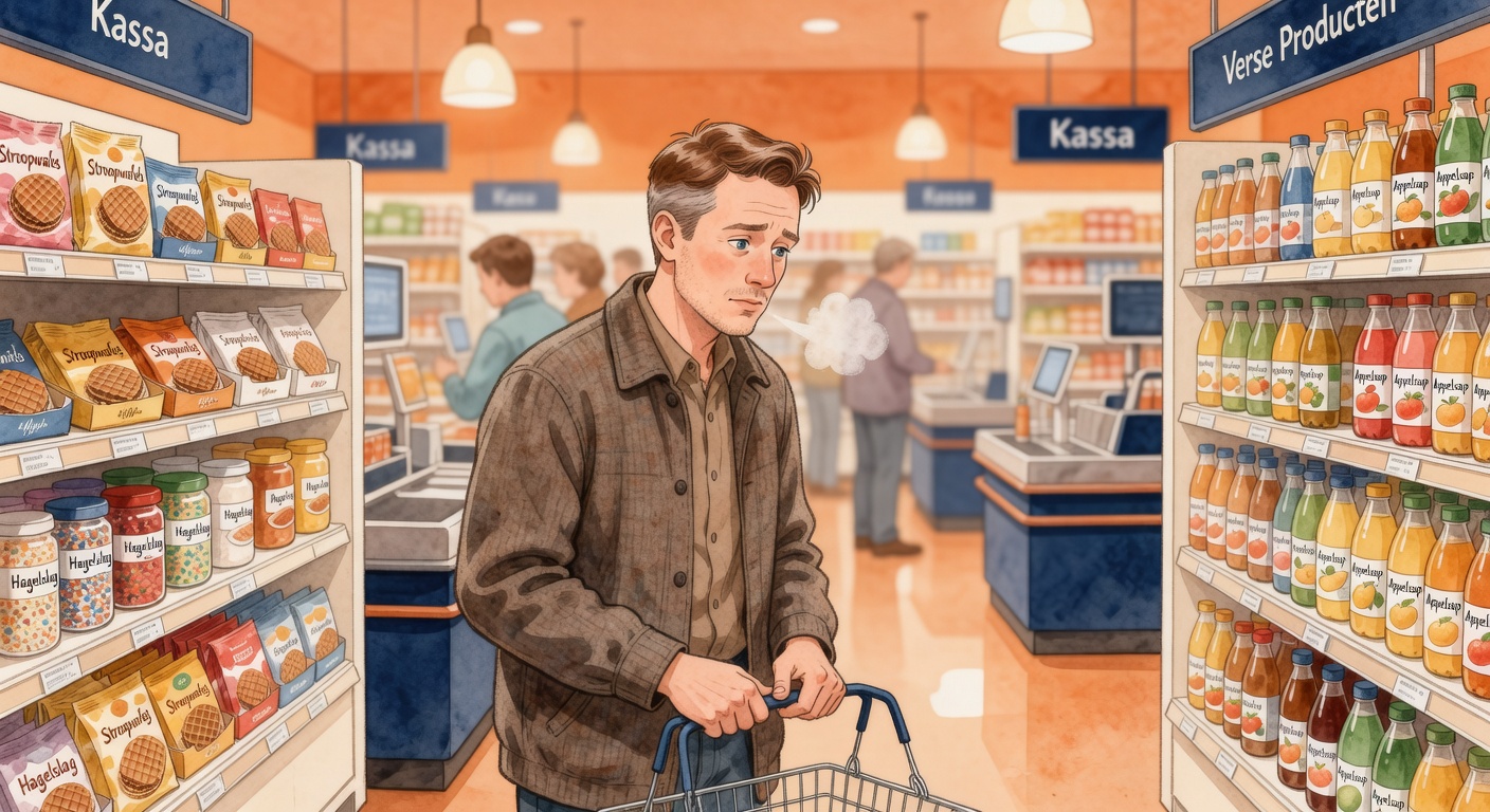 A Dutch man sighing with mild exasperation while waiting in a long supermarket checkout queue