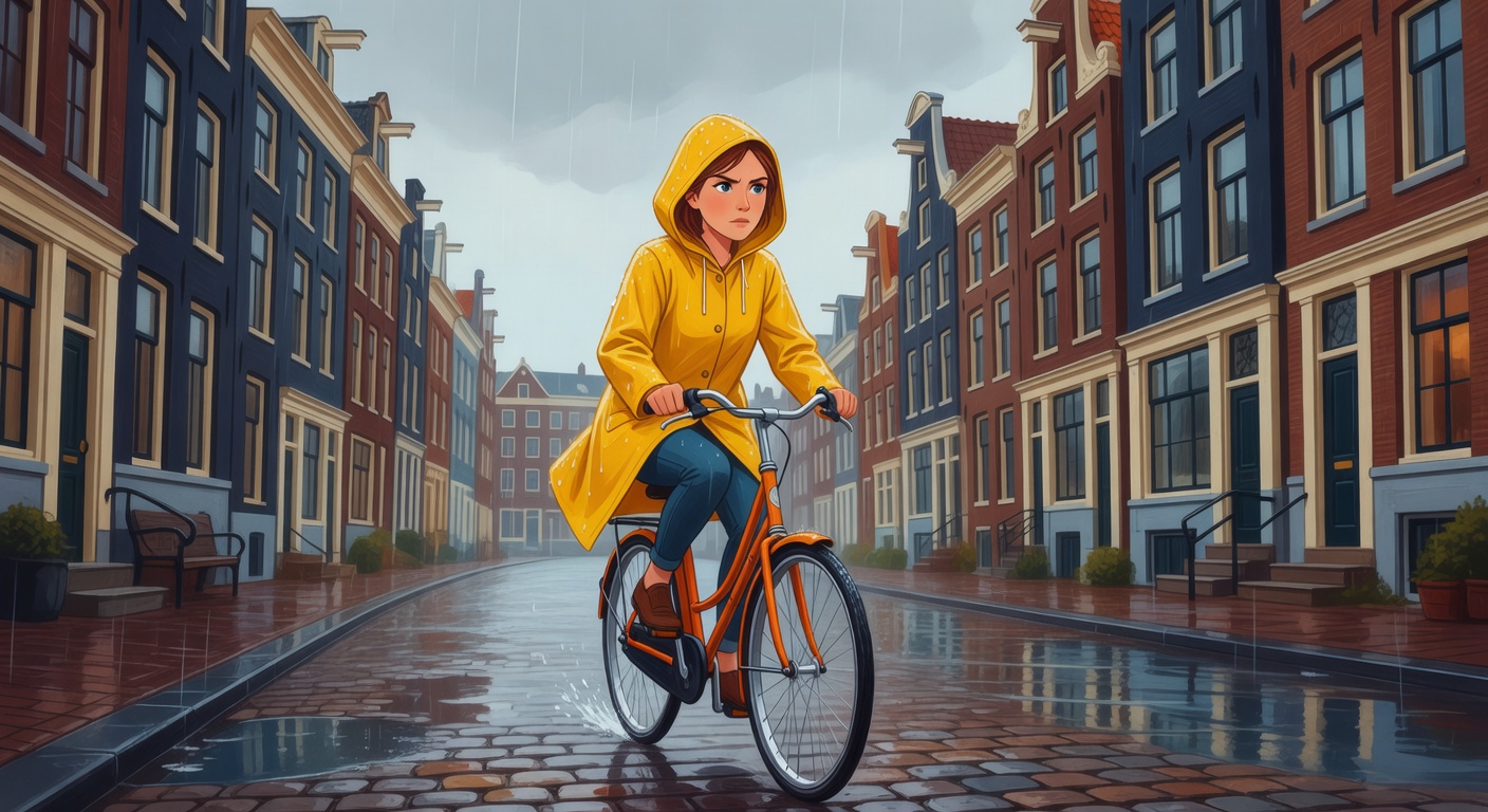 A Dutch woman cycling through rain on an Amsterdam canal street with a stoic, mildly grumpy expression