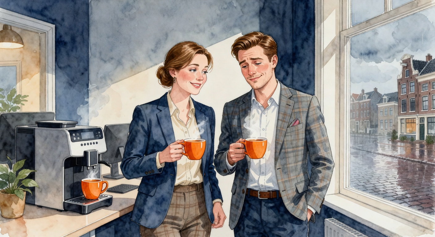 Two Dutch colleagues bonding over shared grumbling by the office coffee machine on a grey morning