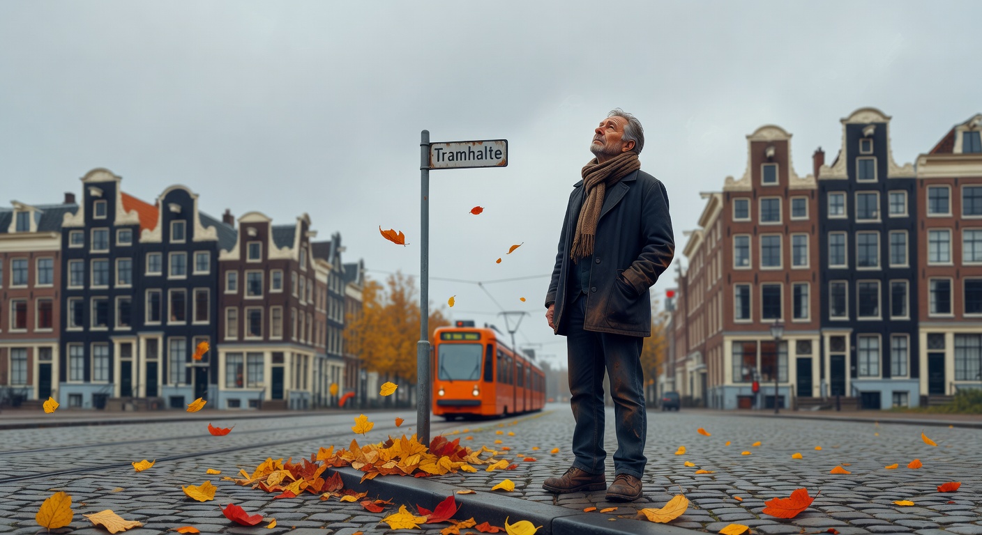 A Dutch man waiting at a tram stop in Amsterdam, looking up at a grey sky with calm resignation
