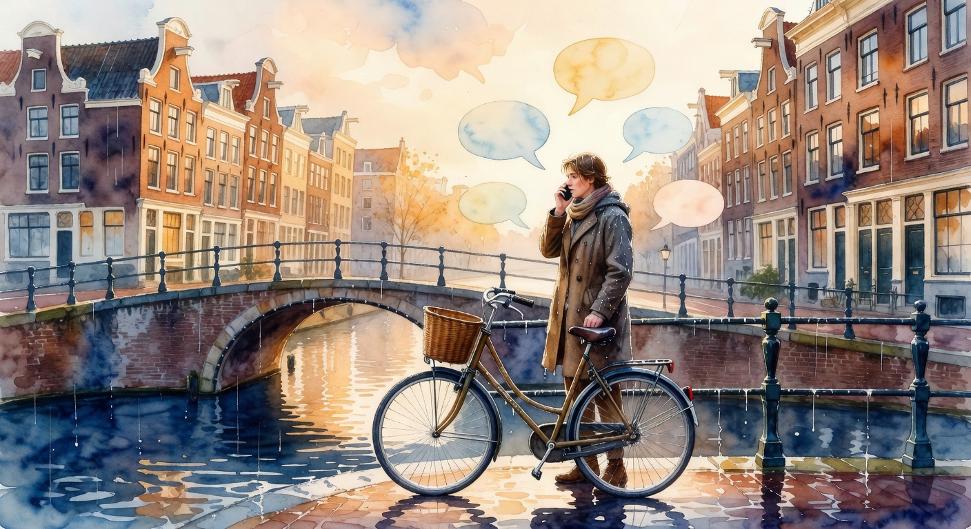 Person on a bicycle by a Dutch canal talking on the phone, with abstract speech bubble shapes floating apart