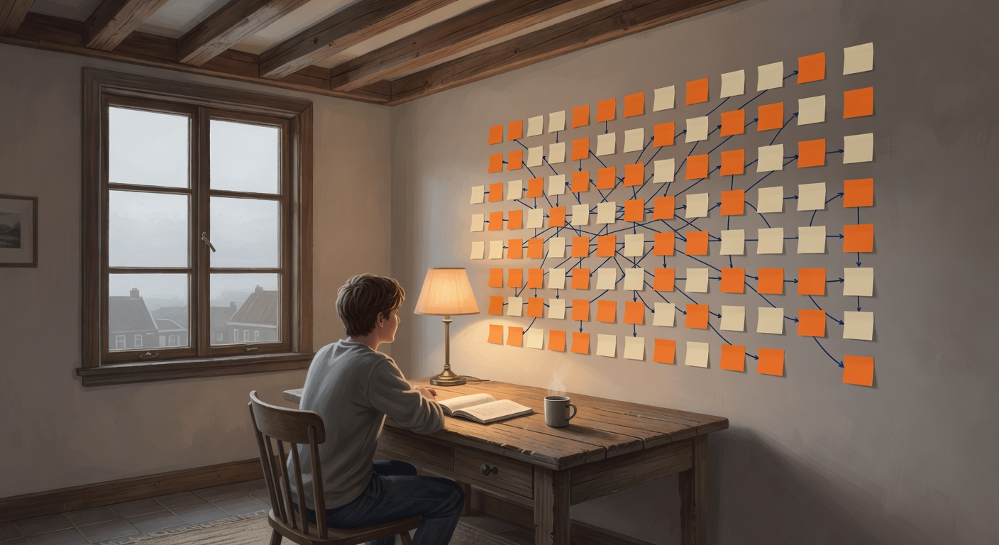 Language student studying Dutch grammar with sticky notes arranged on a wall like a puzzle