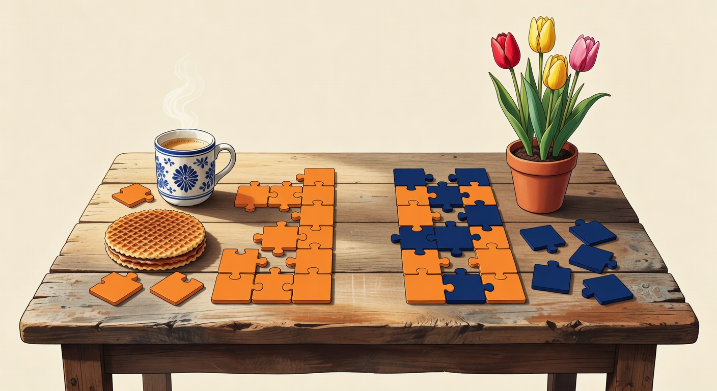 Two halves of a word puzzle tile separated on a Dutch kitchen table with coffee and a tulip plant