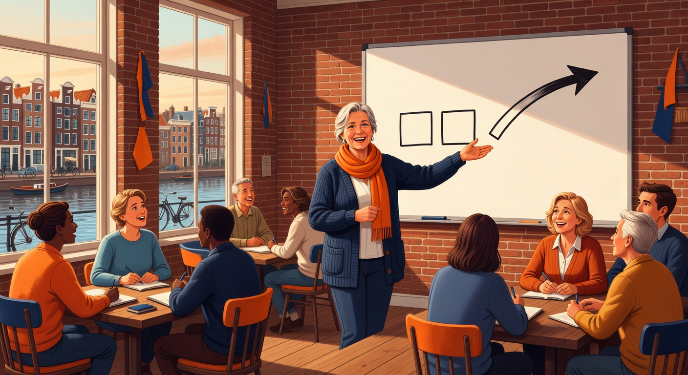 Dutch language teacher explaining a grammar concept with a diagram to engaged students in a cozy classroom