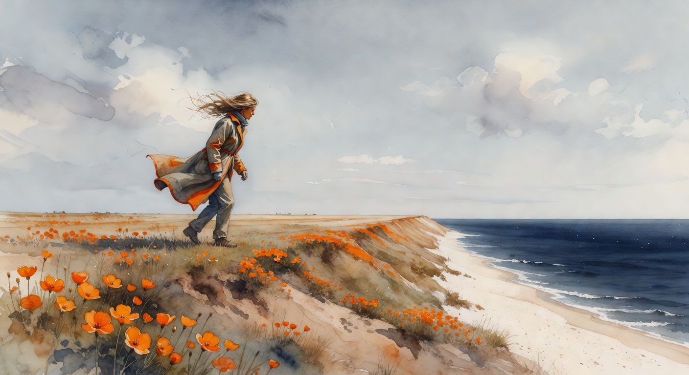 Person walking into the wind on a flat Dutch coastal dike, coat blown by the breeze