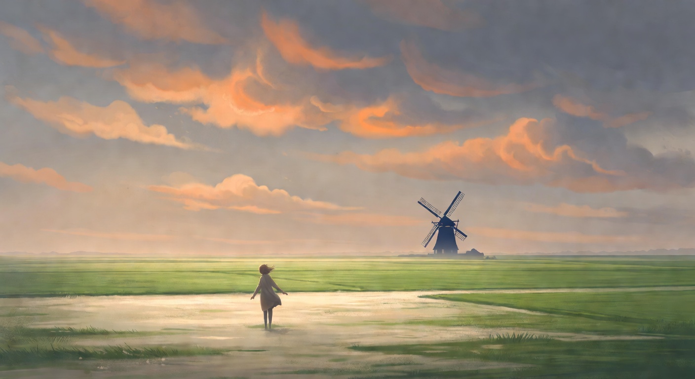 Small human figure standing arms open in a vast flat Dutch polder landscape with a windmill in the distance