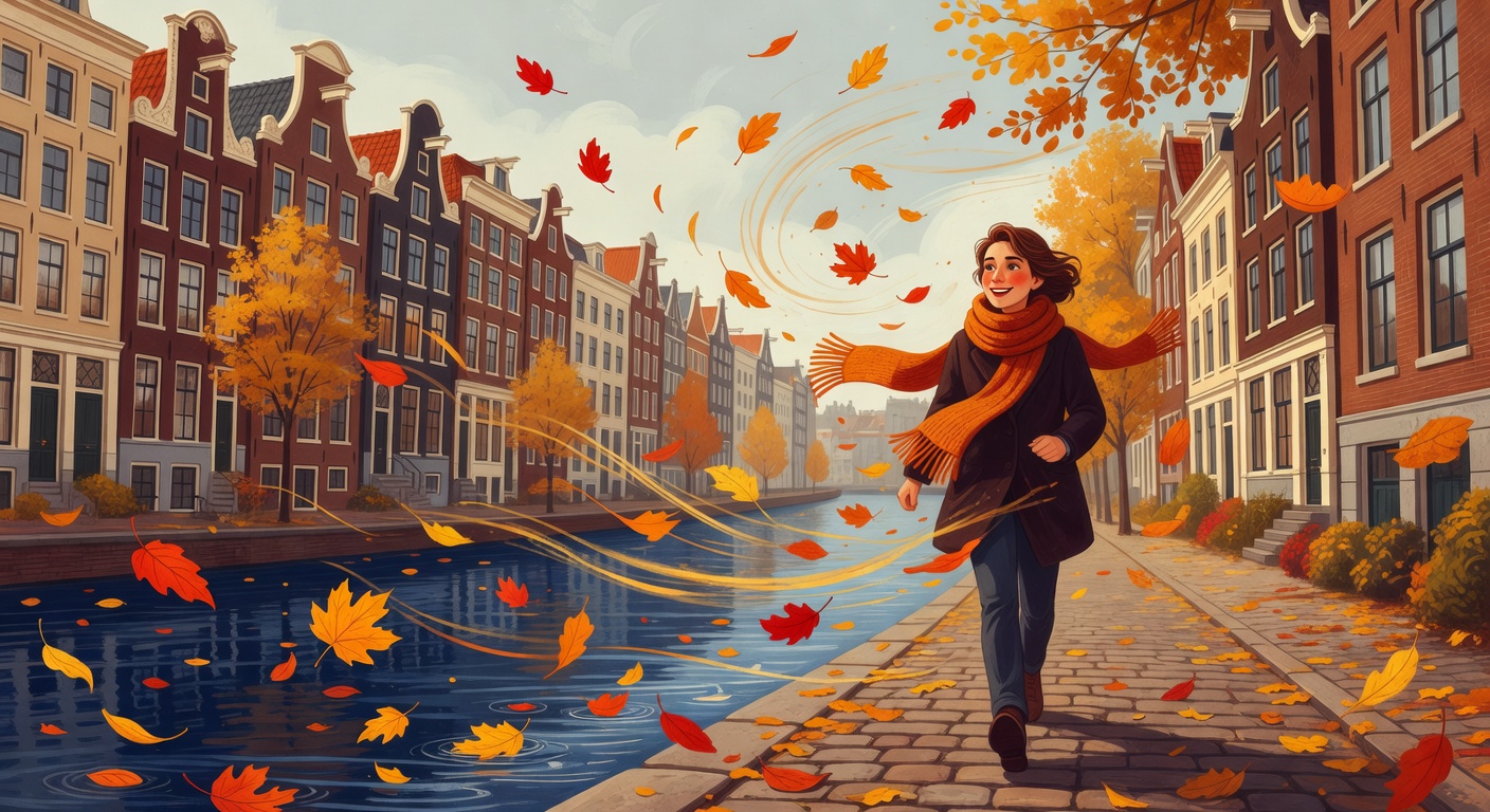Person in orange scarf walking briskly along a Dutch city canal with autumn leaves in the wind