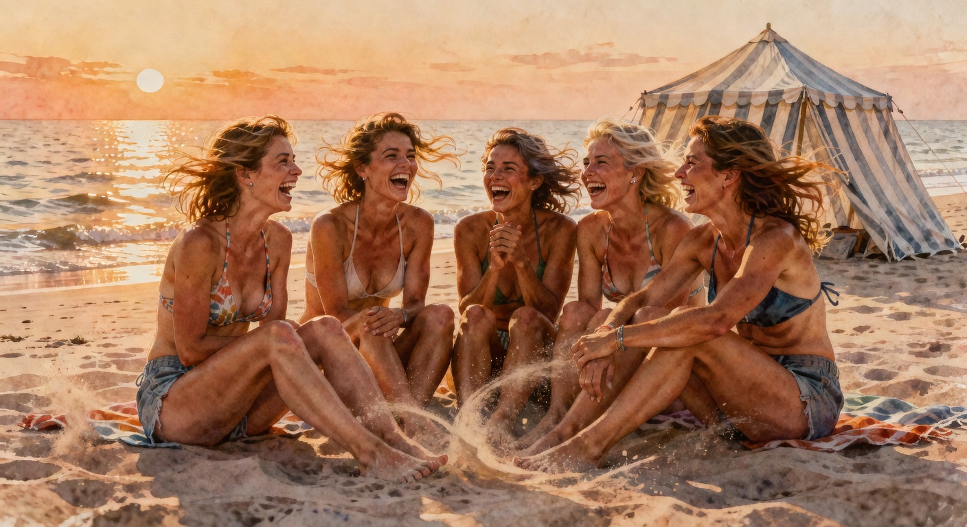 Group of friends laughing on a windy Dutch beach at sunset, hair blown by the wind