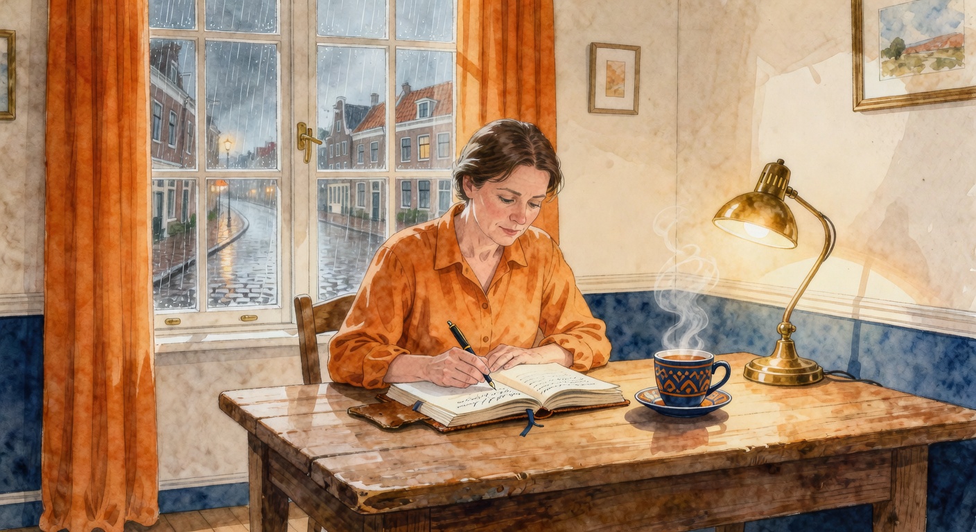 Person writing reflectively in a journal at a cozy Dutch kitchen table with tea and lamplight