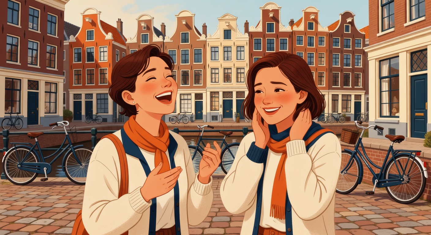 Two people laughing warmly during a conversation in a Dutch city square with canals and bikes nearby