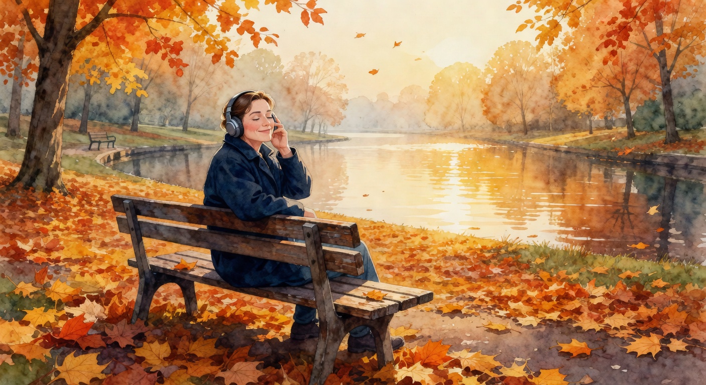 Person wearing headphones sitting peacefully on a park bench in autumn, surrounded by orange leaves and a Dutch canal