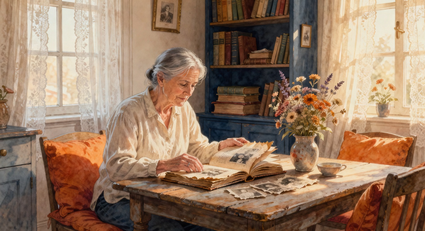 Person sitting at a wooden table in a Dutch home, looking at an old photo album with soft afternoon light