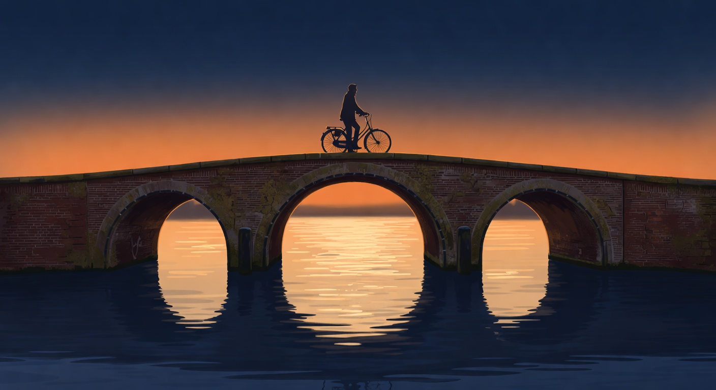 Lone cyclist standing on a Dutch canal bridge at sunset, looking out over calm orange-reflected water