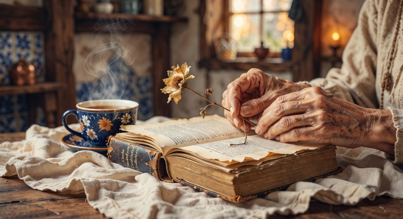 Weathered hands placing a dried flower between the pages of an old book beside a cup of tea