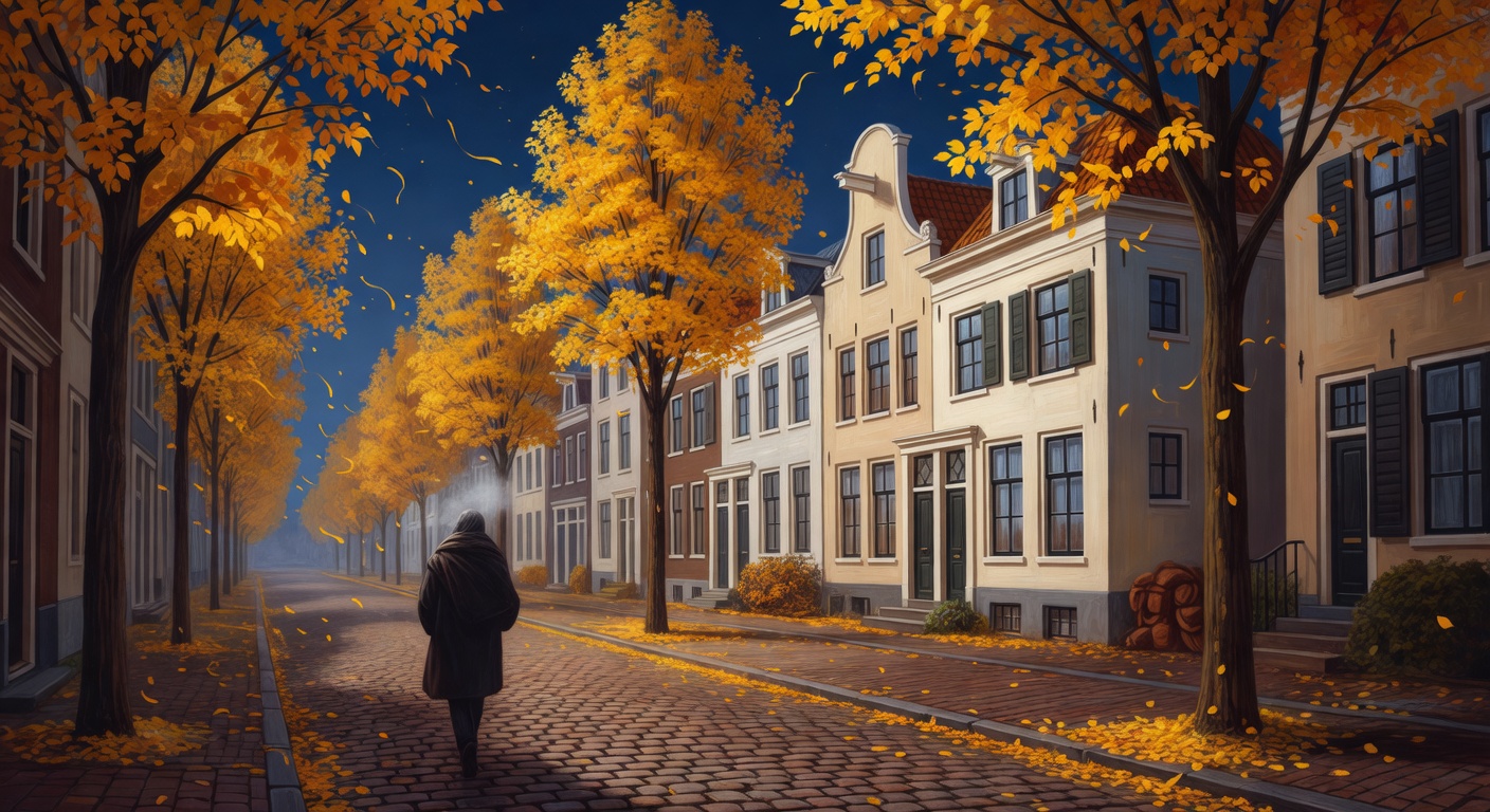 Person walking alone down an autumn Dutch street lined with orange leaves and old brick townhouses