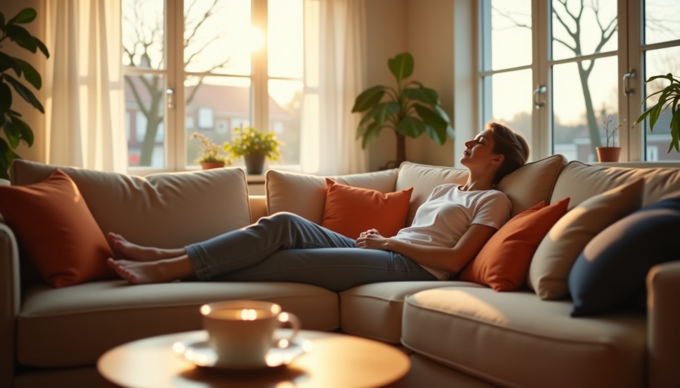 Person relaxing on a cream sofa in a cozy Dutch living room with warm afternoon light