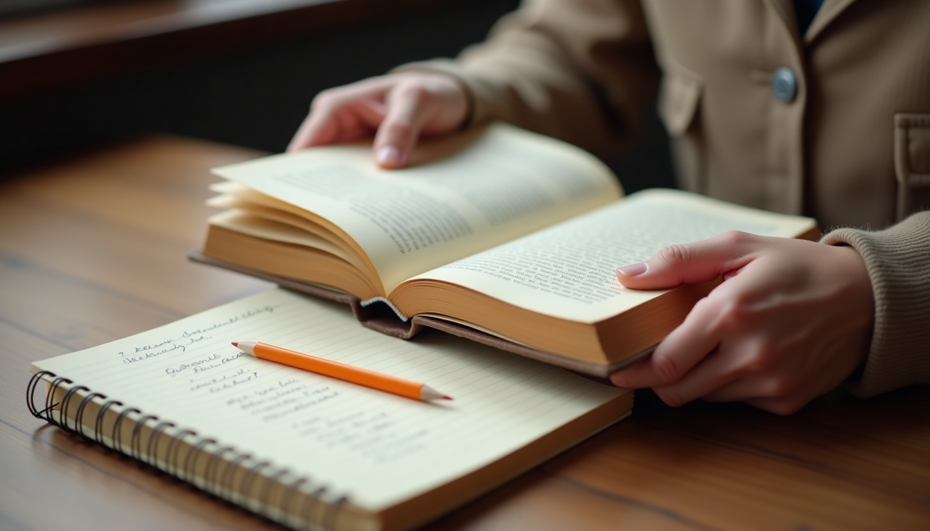 Hands holding an open Dutch language book with a handwritten notebook and orange pencil on a wooden desk