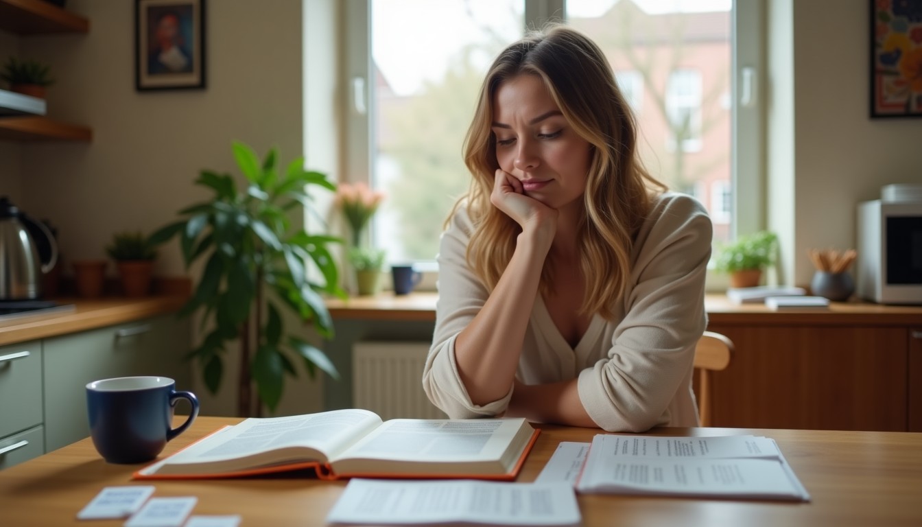 A Dutch language learner looking frustrated while surrounded by grammar workbooks at a kitchen table