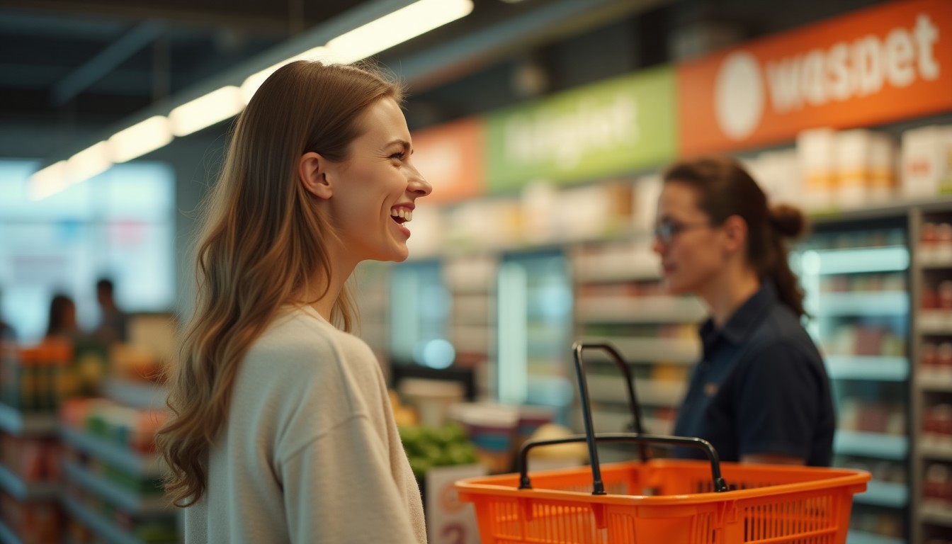 A language learner looking slightly embarrassed while trying to speak Dutch at a supermarket checkout