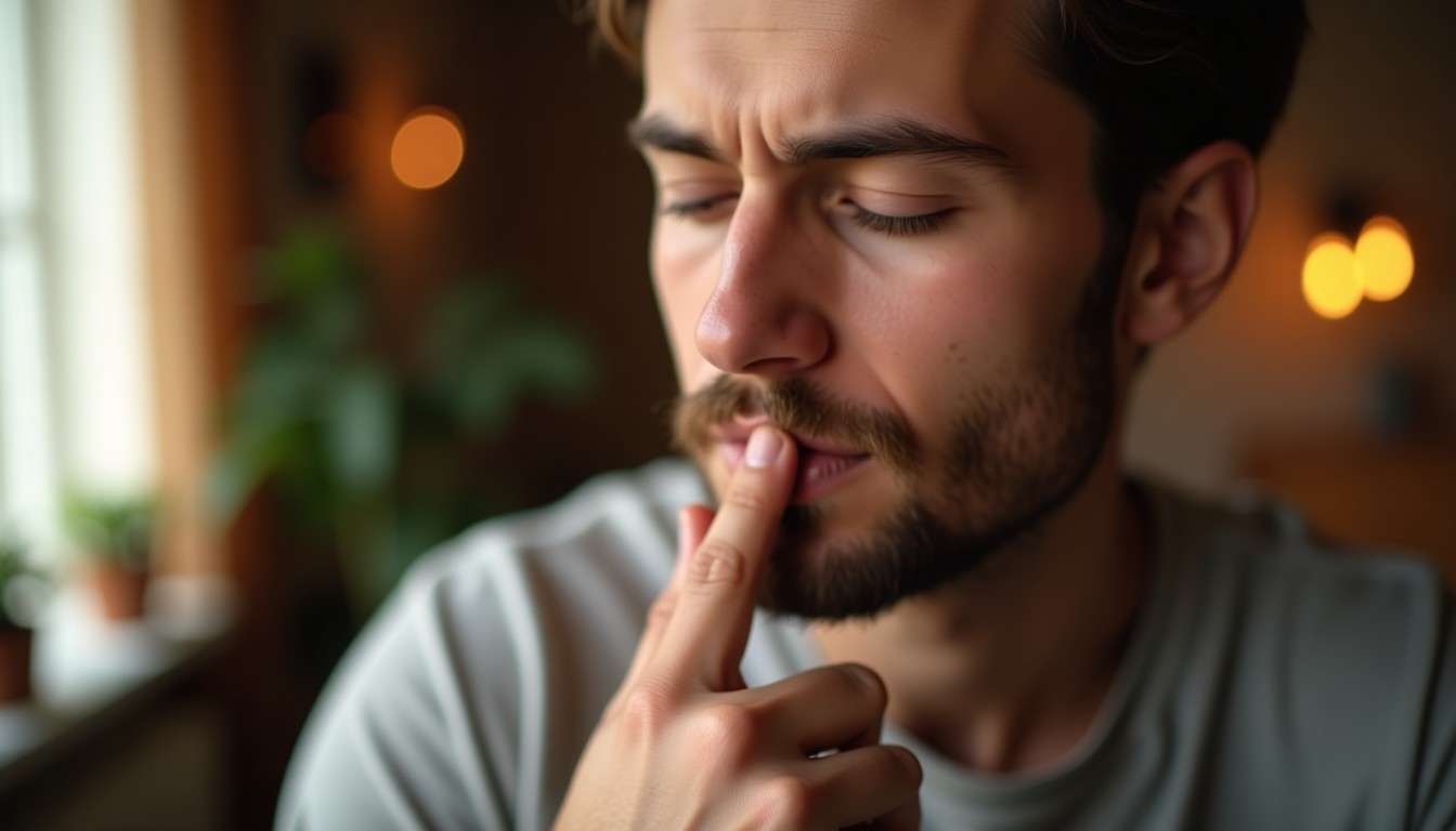 A man touching his throat while practising Dutch pronunciation sounds