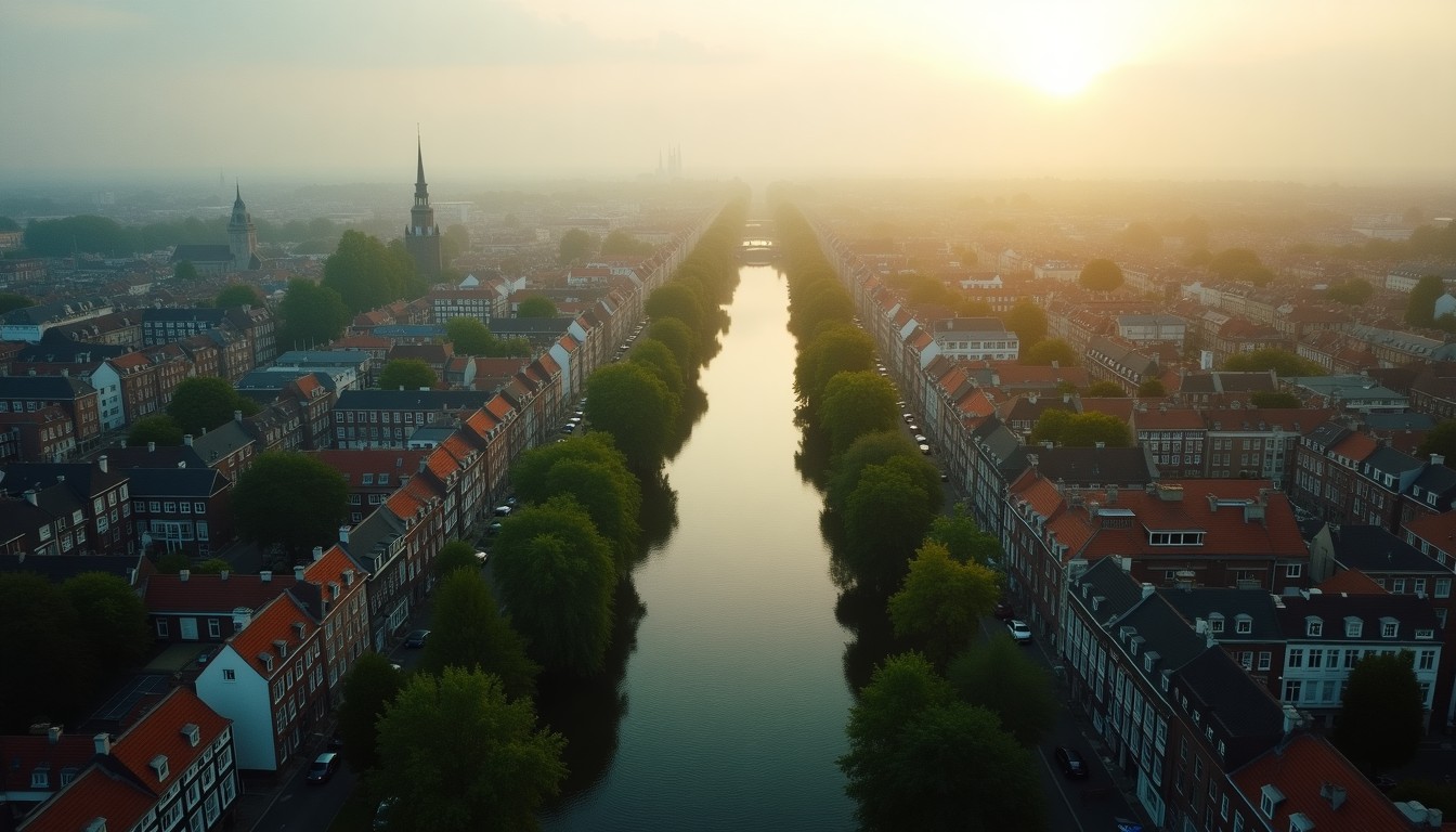 Split aerial view of northern and southern Dutch cities showing regional contrast
