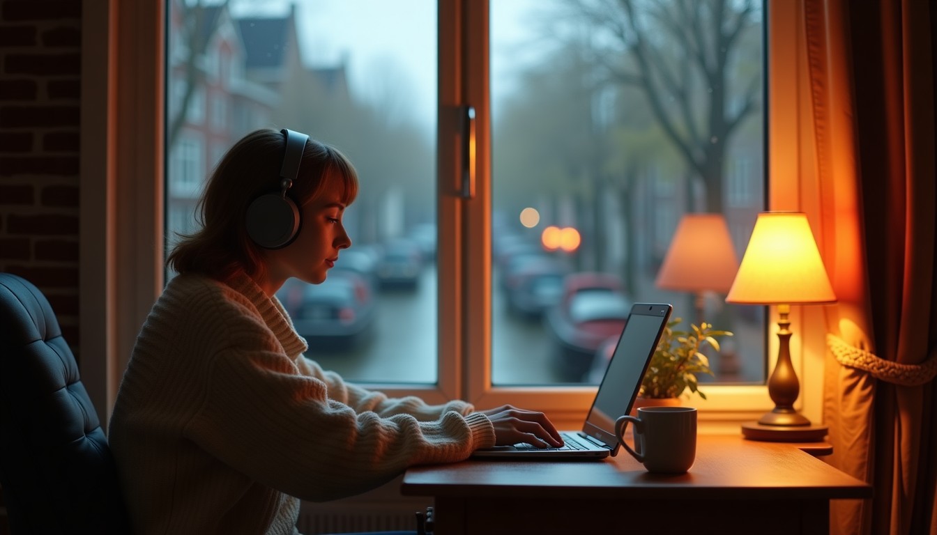A Dutch learner listening to audio practice at a cozy desk by a rainy window