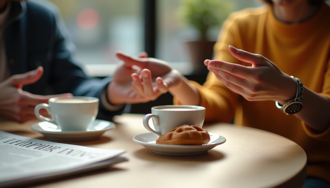 Close-up of hands making a so-so gesture over a Dutch café table with coffee cups and a stroopwafel