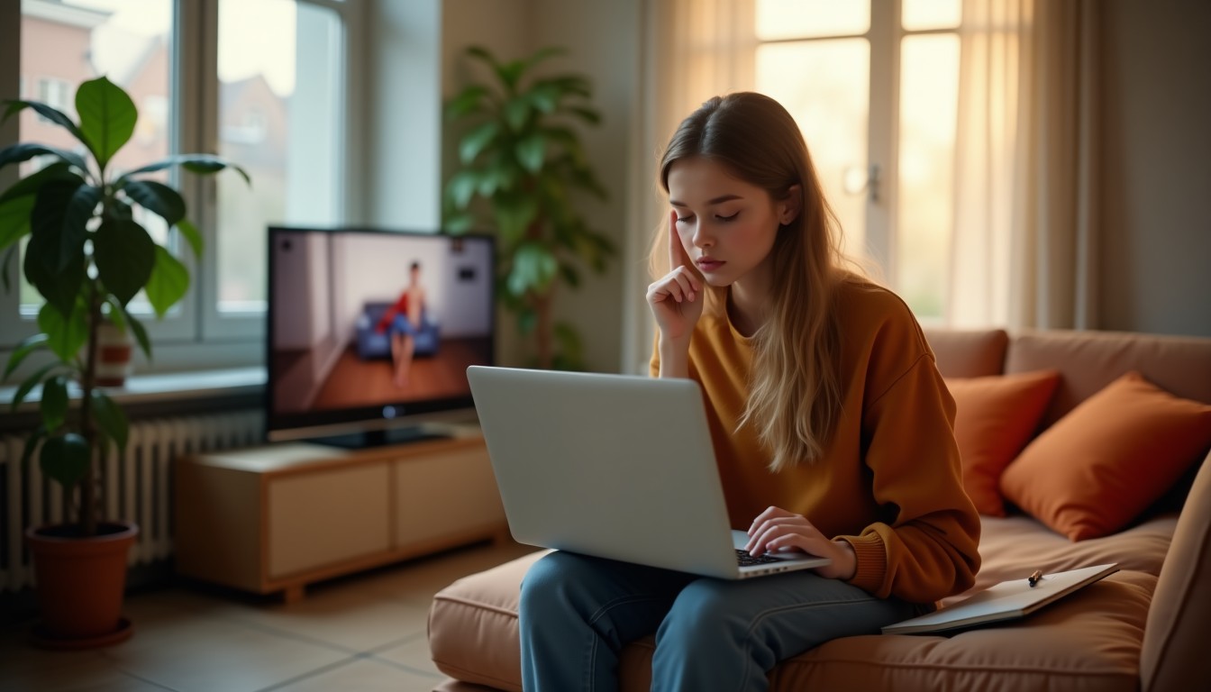 A young woman studying Dutch body language on her laptop in a cozy Dutch apartment with large windows and orange cushions