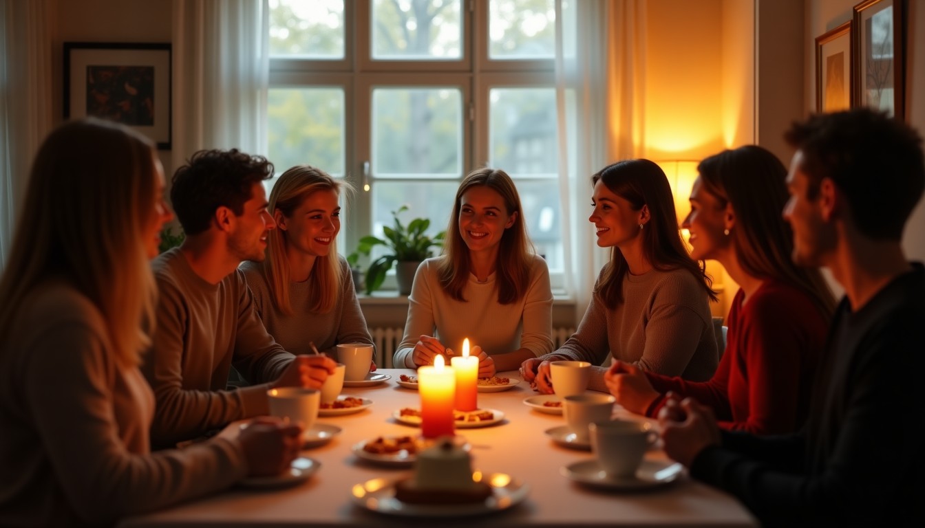 A casual Dutch birthday gathering around a table with coffee and stroopwafels in a bright Amsterdam living room