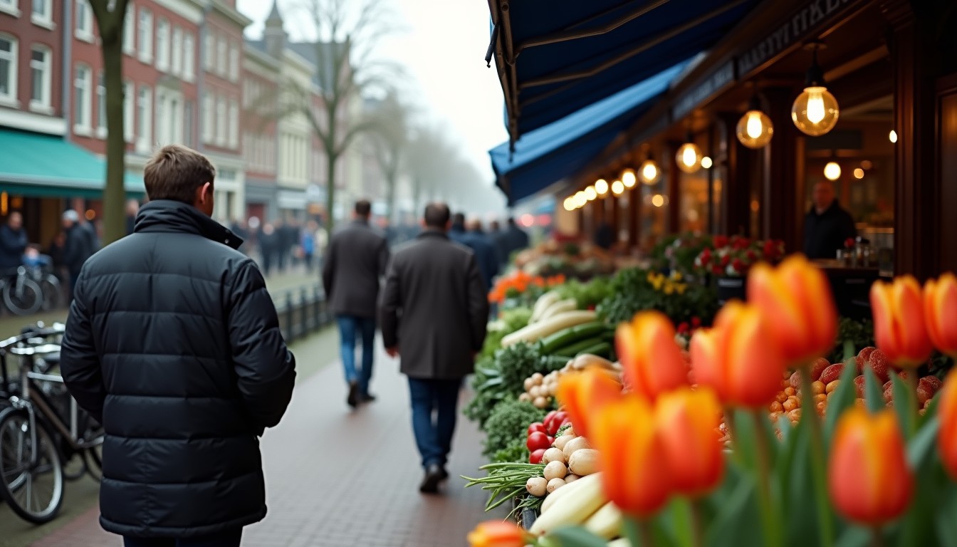 Ordinary Dutch people at a street market with fresh vegetables, flowers, and bicycles along a canal