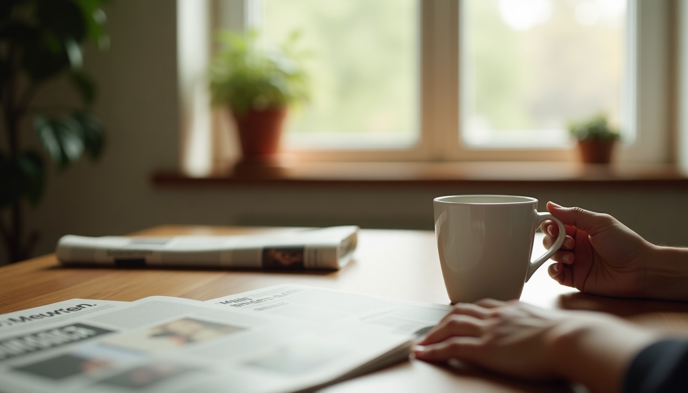 Close-up of hands holding a white coffee mug on a simple wooden Dutch kitchen table in morning light
