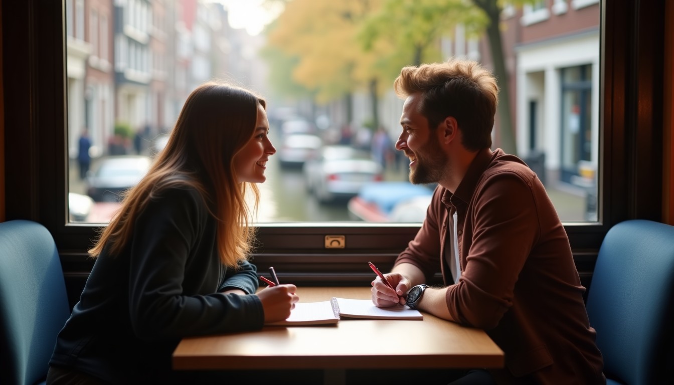 A Dutch learner chatting with a local in a cozy Dutch canal-side cafe with notebook and coffee