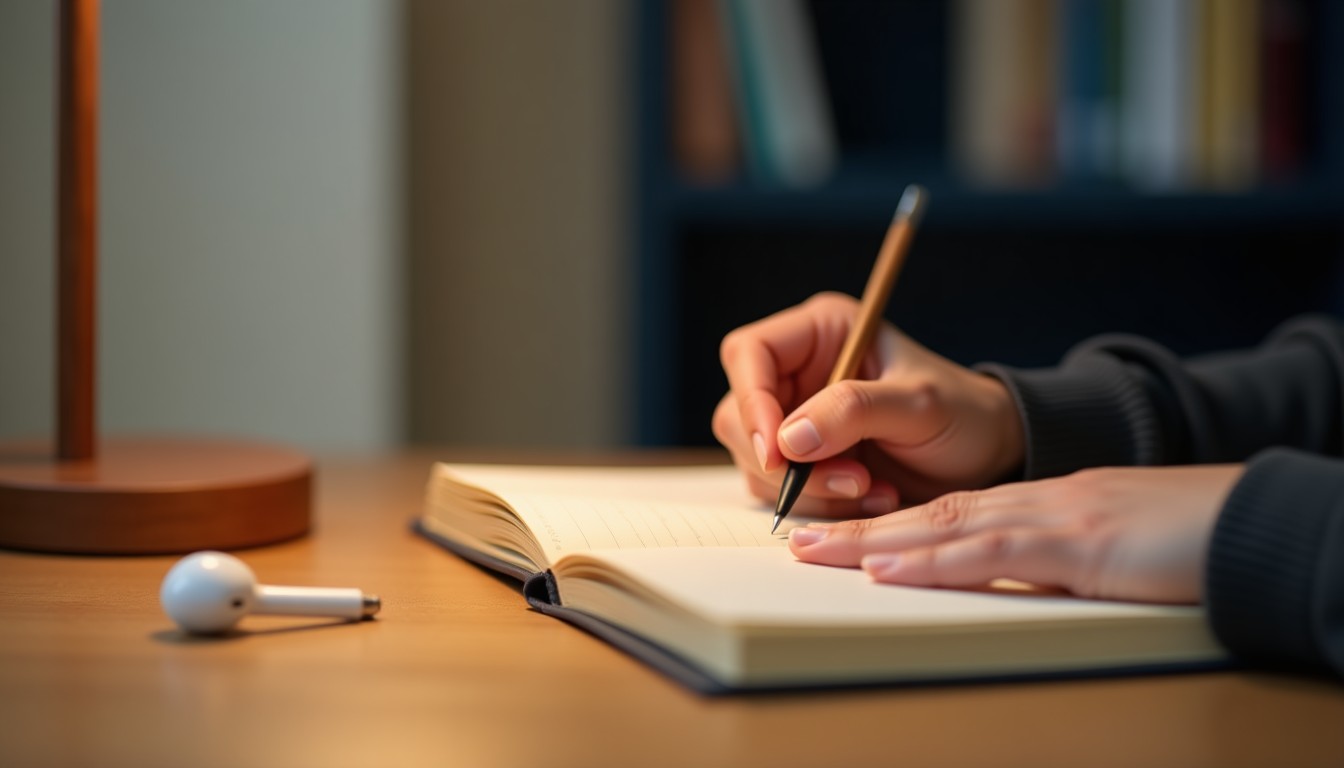 Hands writing in a journal at a wooden desk under warm lamp light in a Dutch apartment