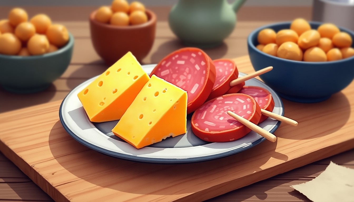 A plate of typical Dutch party snacks including cheese cubes and liver sausage