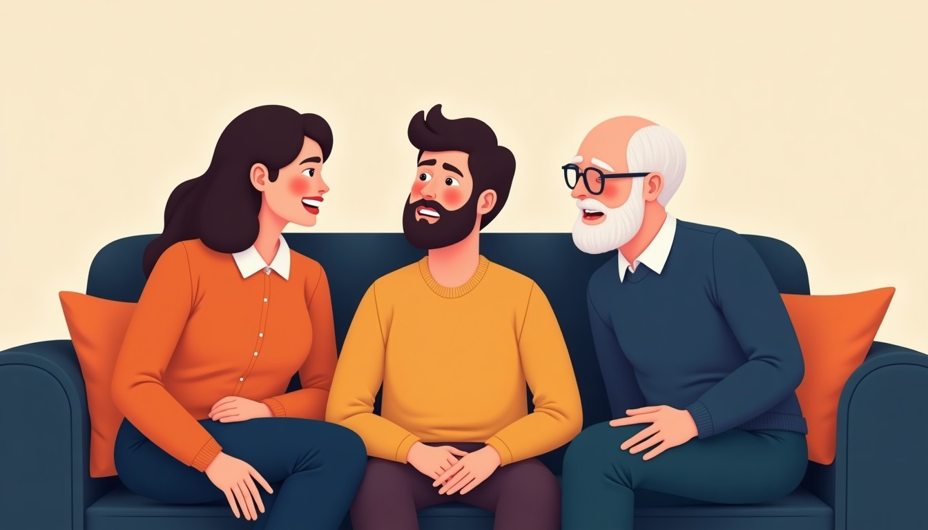 A person sitting awkwardly between two talkative guests on a sofa