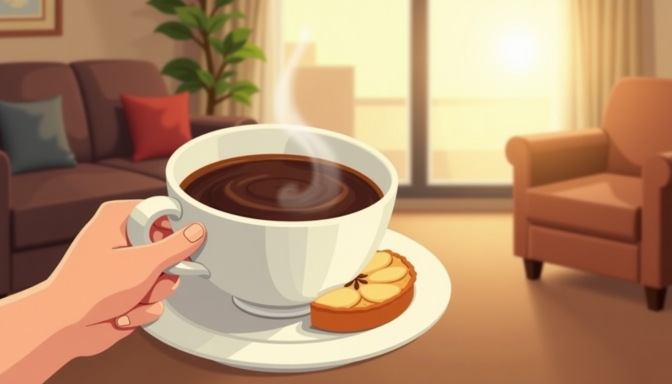 A hand holding a cup of coffee and a slice of cake