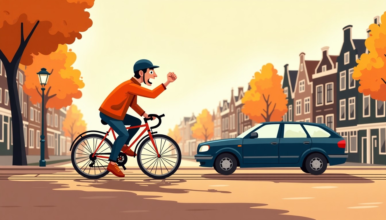 Illustration of a frustrated cyclist in Amsterdam.