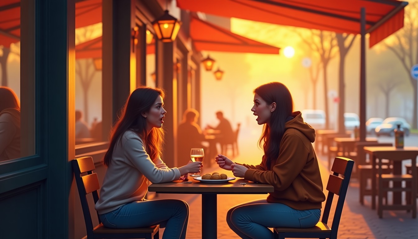 Illustration of friends at a cafe reacting to dropped bitterballen.