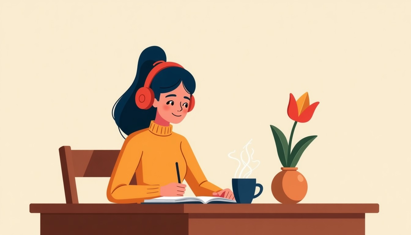A person actively writing notes while listening to audio