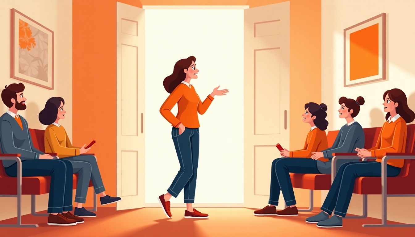 Illustration of a person greeting a waiting room.
