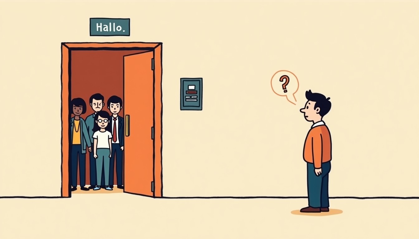 Illustration of a person hesitating before entering an elevator.