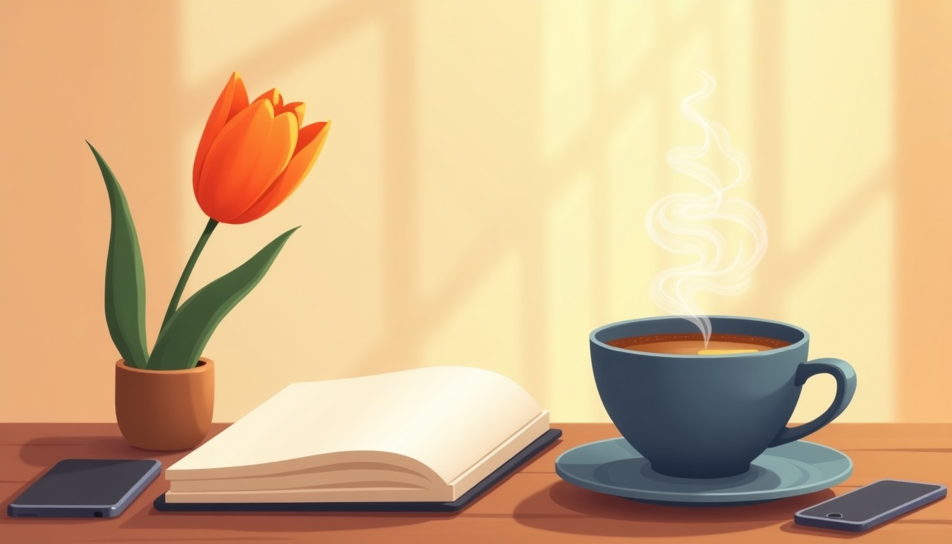Coffee cup and notebook on a table