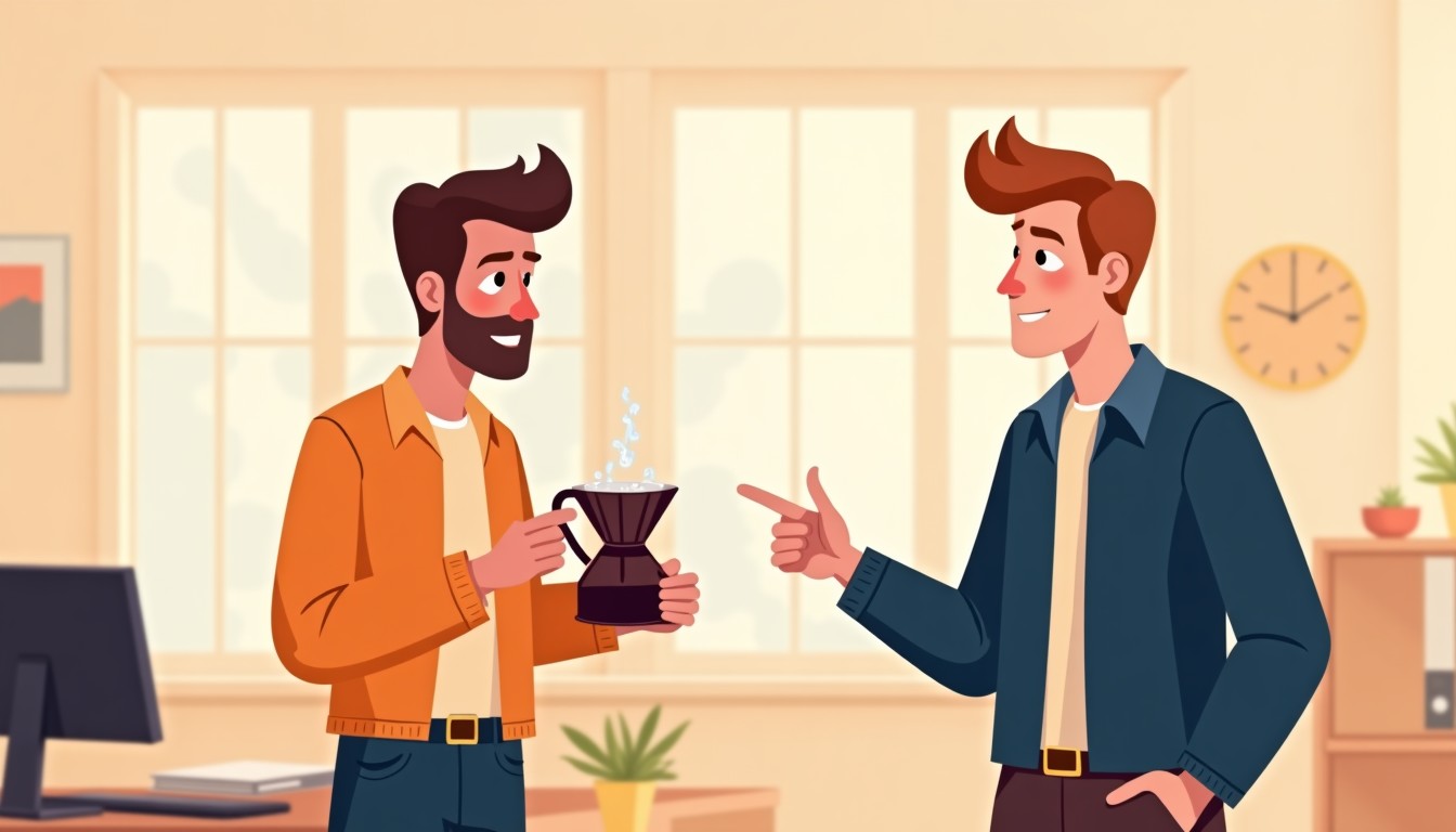 A confused person holding a broken coffee pot while a colleague points at them.