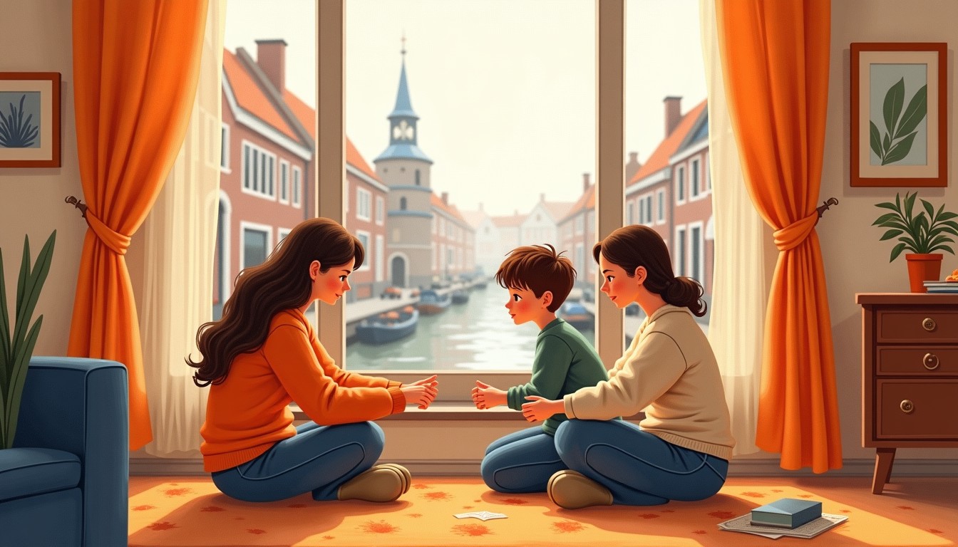 Three friends playing rock-paper-scissors in a living room.
