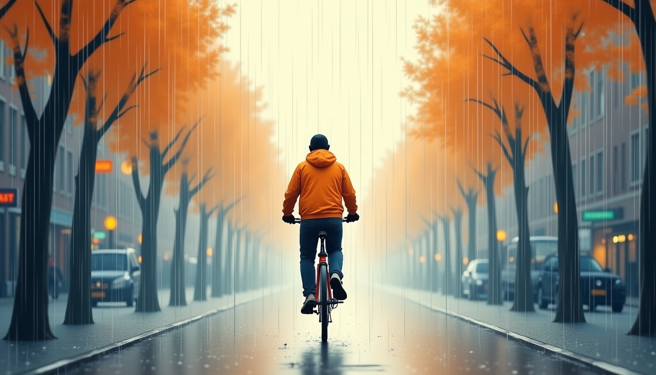 A person pushing a bicycle through heavy rain in Amsterdam.
