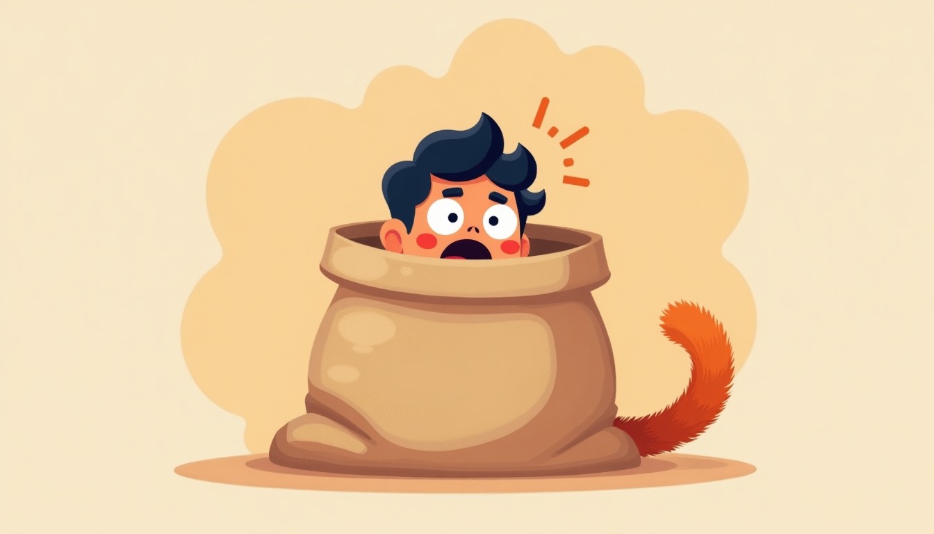 A person looking shocked into a sack with a cat tail sticking out.