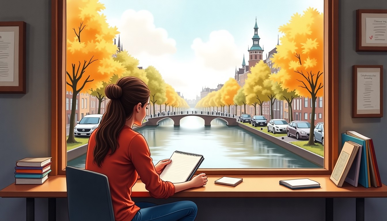 A person writing in a notebook by a window
