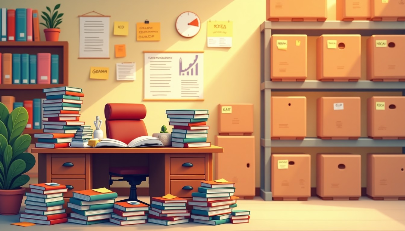 Illustration of a cluttered desk representing working memory and an organized warehouse representing long-term memory.