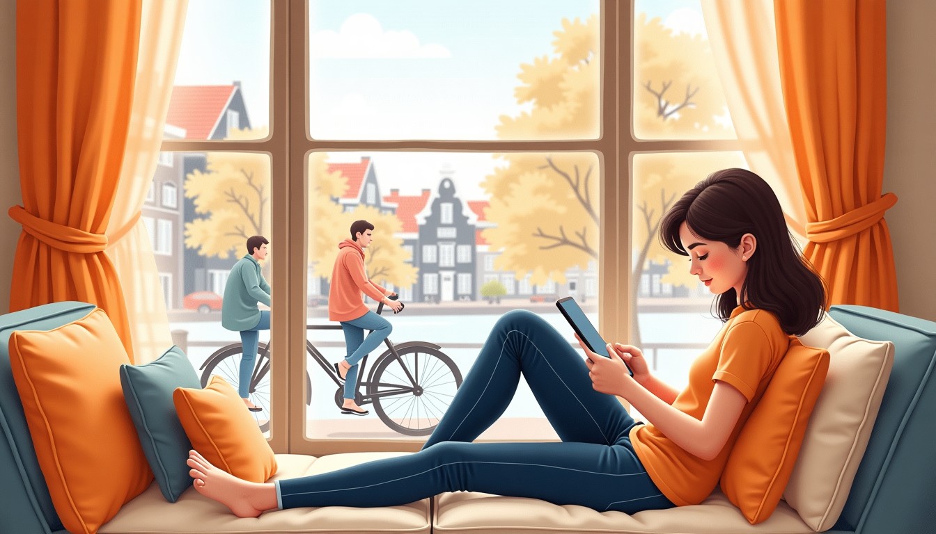 Person studying calmly in a cozy room with a Dutch street view.