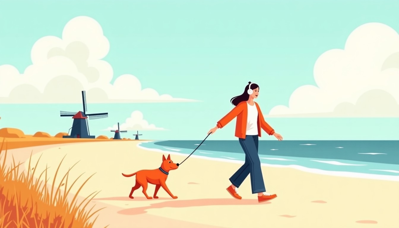 Person walking a dog on a beach while listening to headphones.
